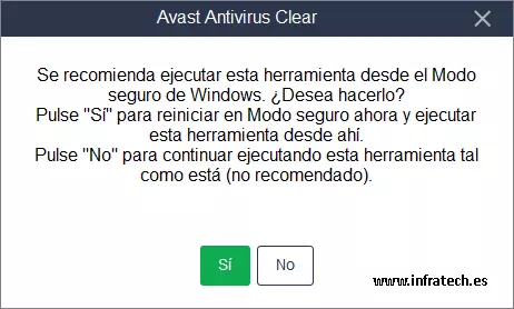 Avast Clear - Iniciar en Modo Seguro. Captura de pantalla de Avast Clear para iniciar en Modo Seguro.