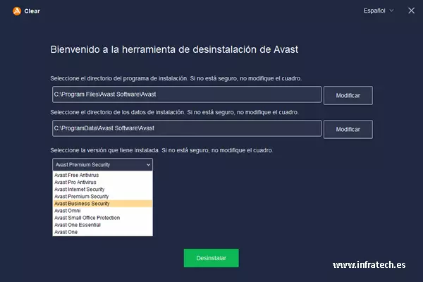 Avast Clear - Elegir el producto a desinstalar. Captura de pantalla de Avast Clear para elegir el producto a desinstalar.