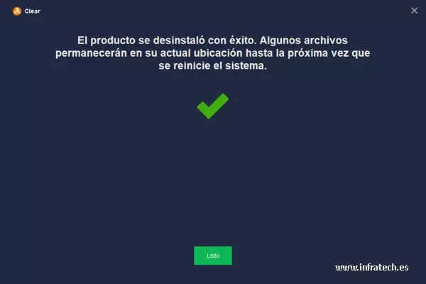 Avast Clear - Reinicio final. Captura de pantalla de Avast Clear pidiendo el reinicio normal del equipo.