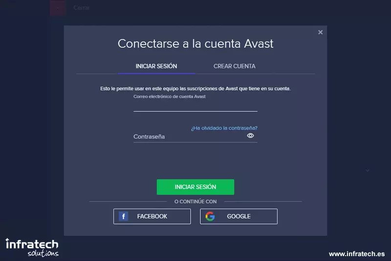 Ventana para acceder a account.avast.com. Captura de pantalla de la ventana para acceder a account.avast.com.