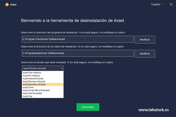 Captura de pantalla de Avast Clear para elegir el producto a desinstalar.
