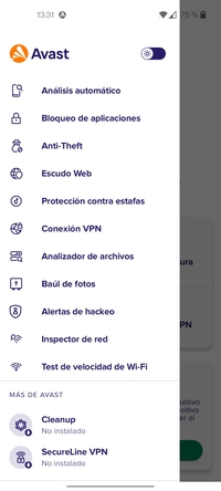 Captura de patalla del menú de Avast Mobile Security | Android