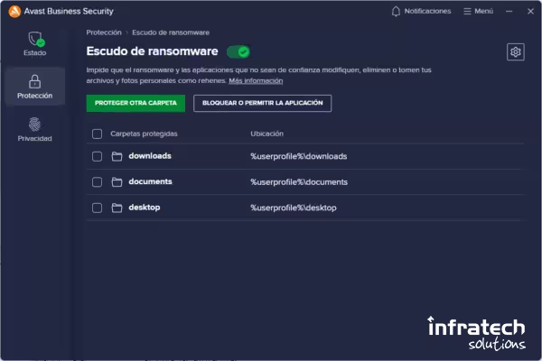Captura de pantalla del Escudo de Ransomware de Avast Business