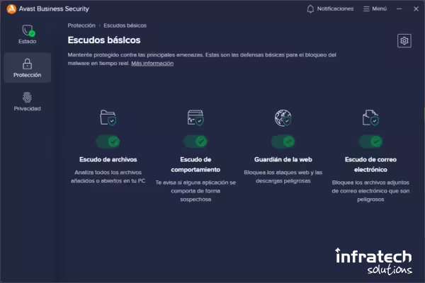 Captura de pantalla de los Escudos Básicos de Avast Business