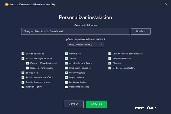 Captura de pantalla de la ventana con todas las opciones para la instalación de Avast.