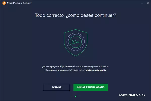 Captura de pantalla de la ventana de activar o prueba.