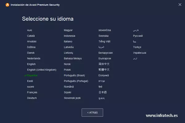 Captura de pantalla de la ventana para elegir el idioma de la instalación de Avast.