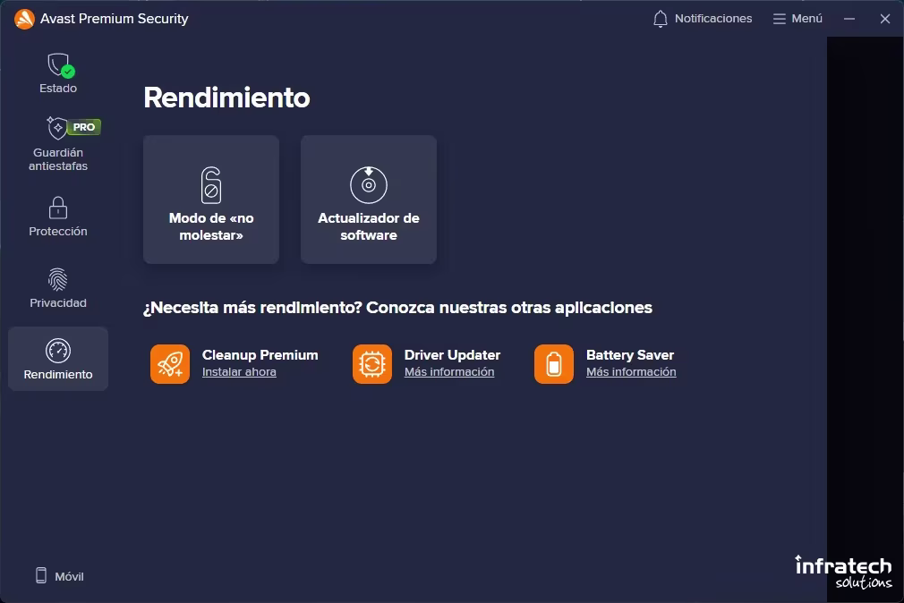 Captura de pantalla de las opciones de Rendimiento de Avast Premium Security