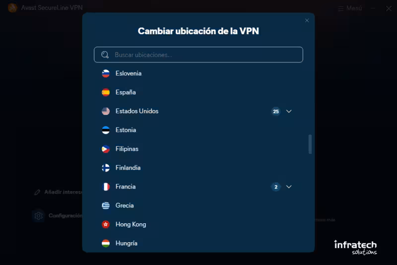 Captura de pantalla de Avast Business SecureLine VPN | Ubicaciones Captura de pantalla de Avast Business SecureLine VPN | Ubicaciones