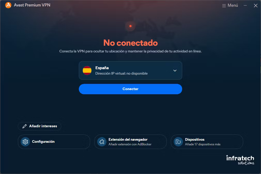 Captura de pantalla de No conectado | Avast Business VPN