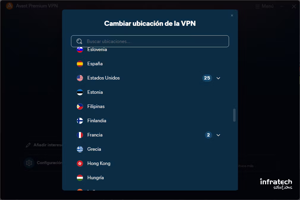 Captura de pantalla de Países/ubicaciones |Avast Business VPN