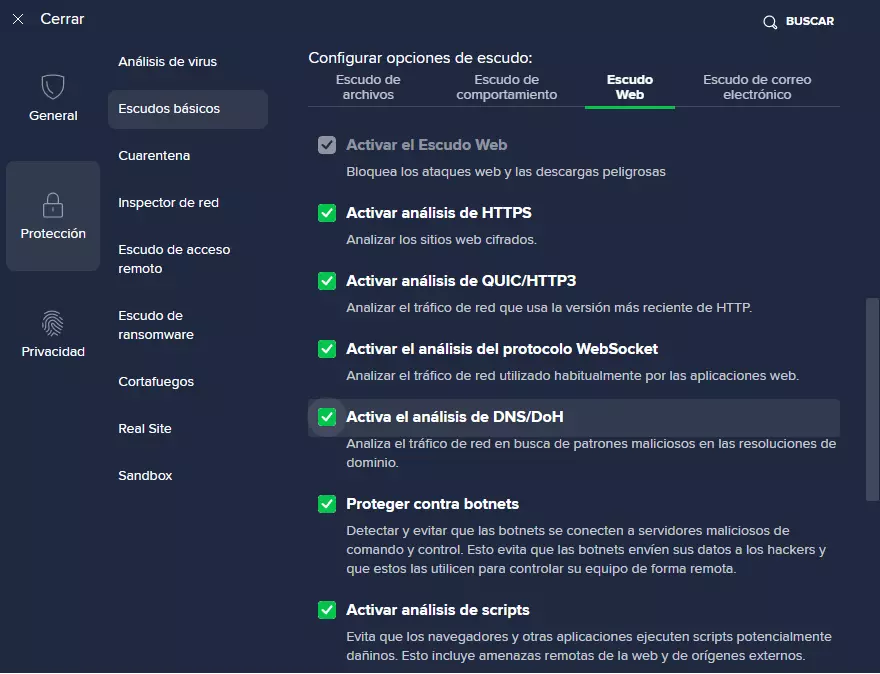 Captura de pantalla: Activar análisis DNS/DoH